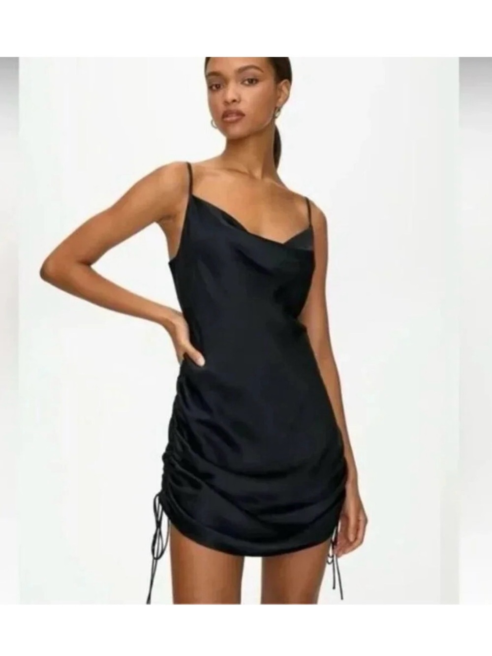 ARITZIA Satin Cowl Neck Ruched Slip Dress — Black